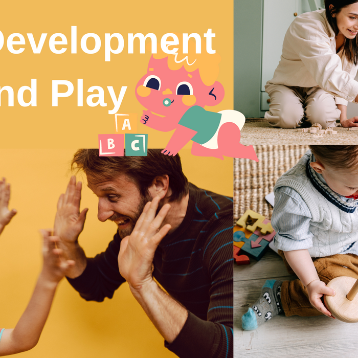 Header "Child Development and Play" with graphic of a baby with alphabet blocks. Collage of images of adult playing with toddler with stacking toys, toddler playing with stacking toys alone, and adult and kid high-fiving.