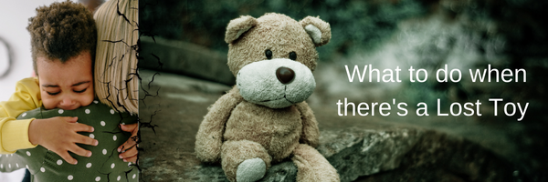 Split image: Young child with medium skin visibly sad, hugging an adult, and a teddy bear sitting on a stone structure all alone. Features text "What to do when there's a Lost Toy"