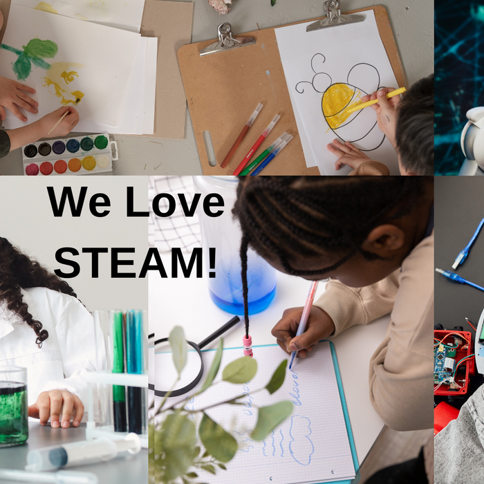 Collage of kids engaging in chemistry, engineering, biology, and art activities, plus image of a toy robot with white chassis, and the words "We Love STEAM!" written in the mddle.