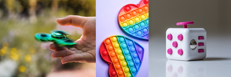 Collage of fidget spinner, rainbow heart bubble pop fidget toys, and multi-sensory fidget cube in white and pink.