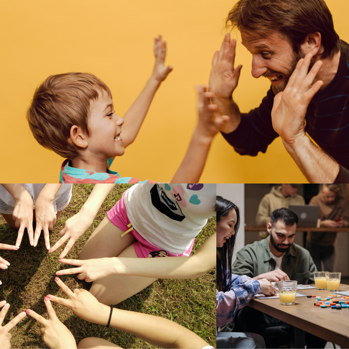 collage: smiling adult and child double high fiving, a ring of people holding their hands together arranged to make a starburst shape with fingers, four people playing a game around a table 
