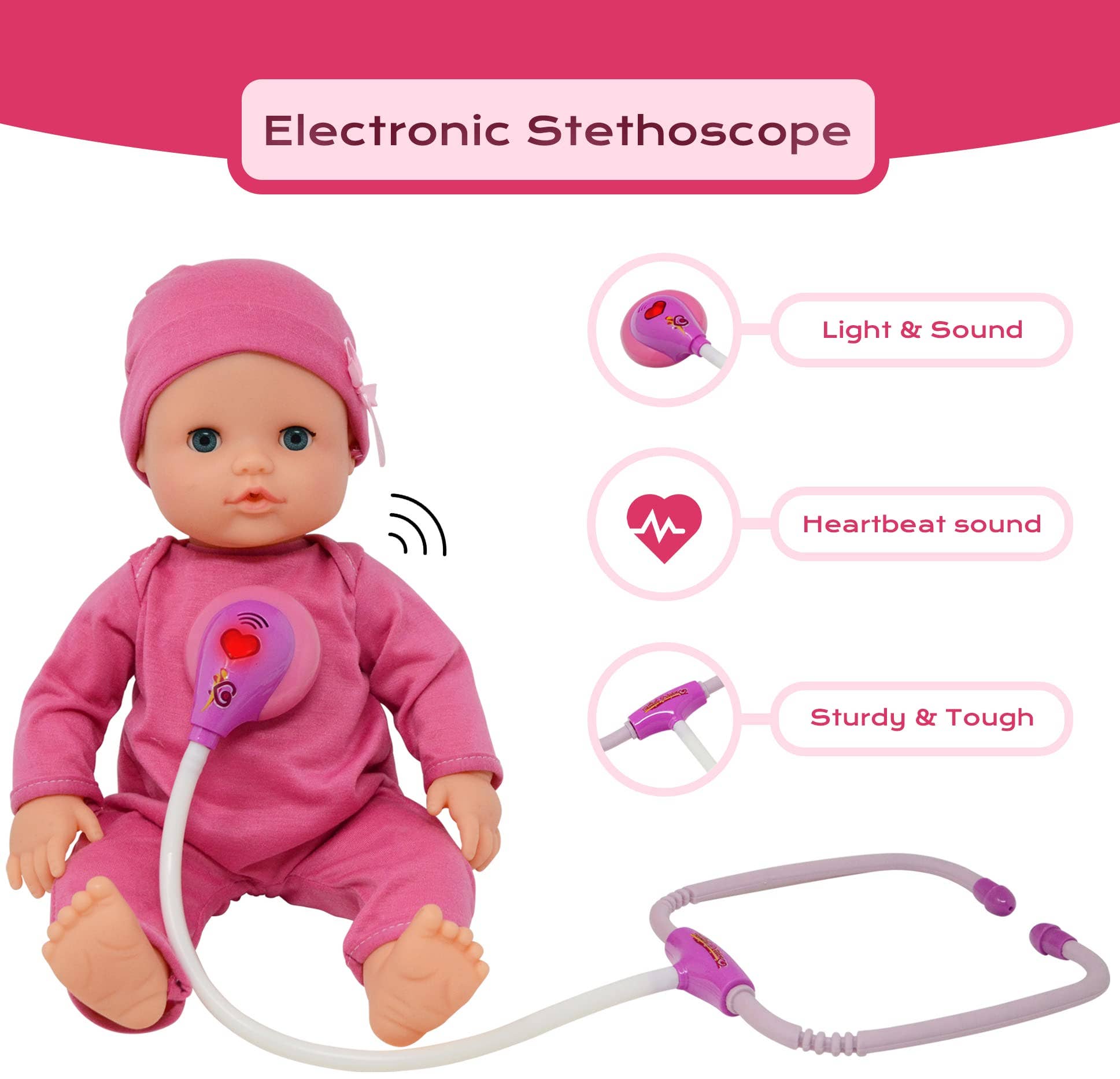 Interactive 16” Baby Doll Toy Doctor Kit Set for Kids – Pink