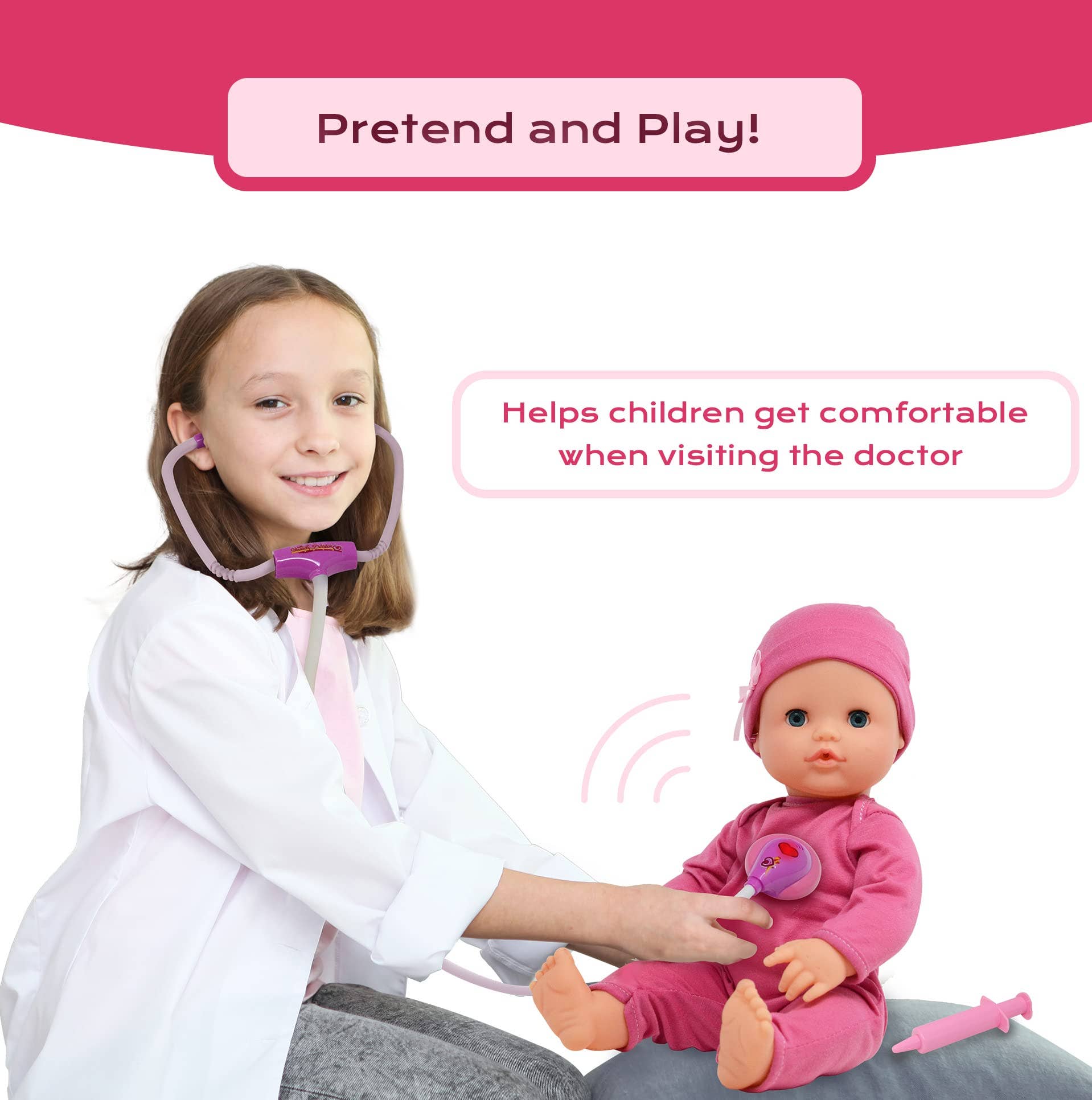 Interactive 16” Baby Doll Toy Doctor Kit Set for Kids – Pink