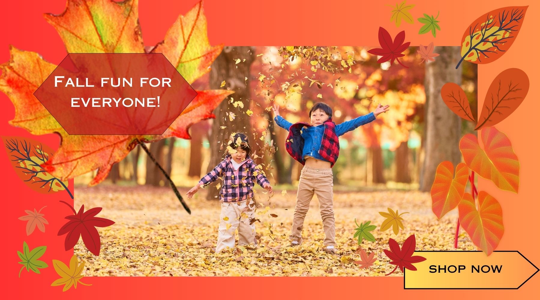 Two children playing in a forest with autumn leaves and text overlay: "Fall Fun for Everyone!" 