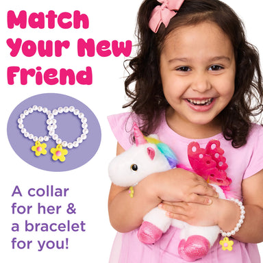 Young girl holding a unicorn toy with text about matching bracelets.