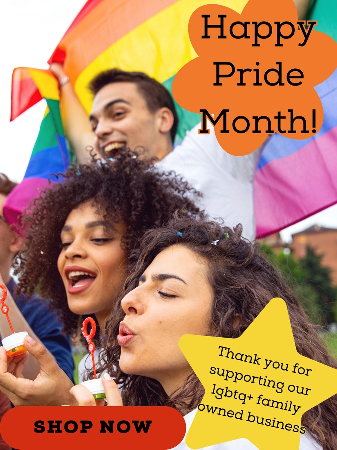 Young masc person holds a pride flag above [his] head behind several other young adults who are blowing bubbles. All smiling. Image text: Happy Pride Month! thank you for supporting our lgbtq+ family owned business.