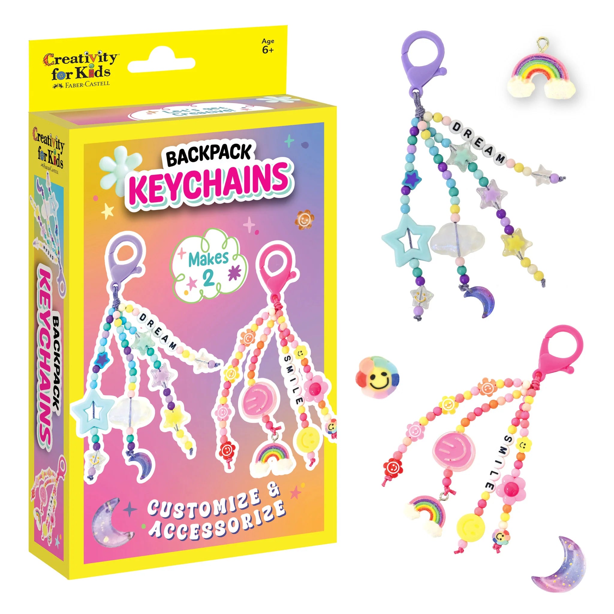 Creativity for Kids backpack keychains set with packaging on a white background