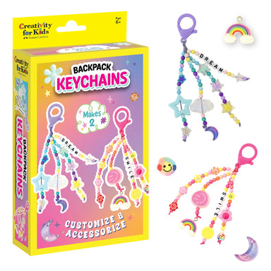 Creativity for Kids backpack keychains set with packaging on a white background