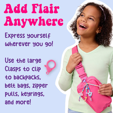 Child with a pink bag and text about how the diy keychains help express personal style