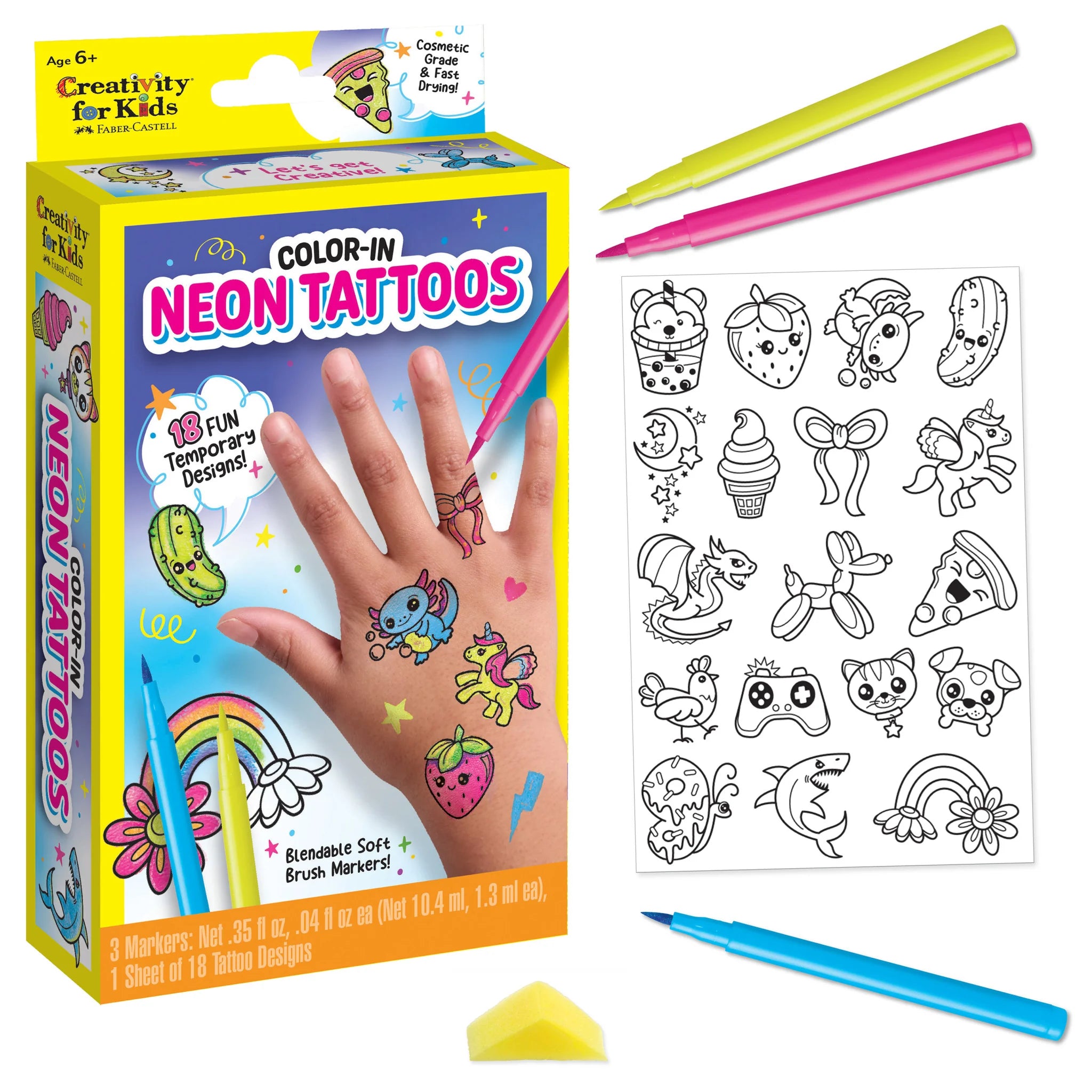 Color-in neon tattoos set with markers and design sheet on a white background