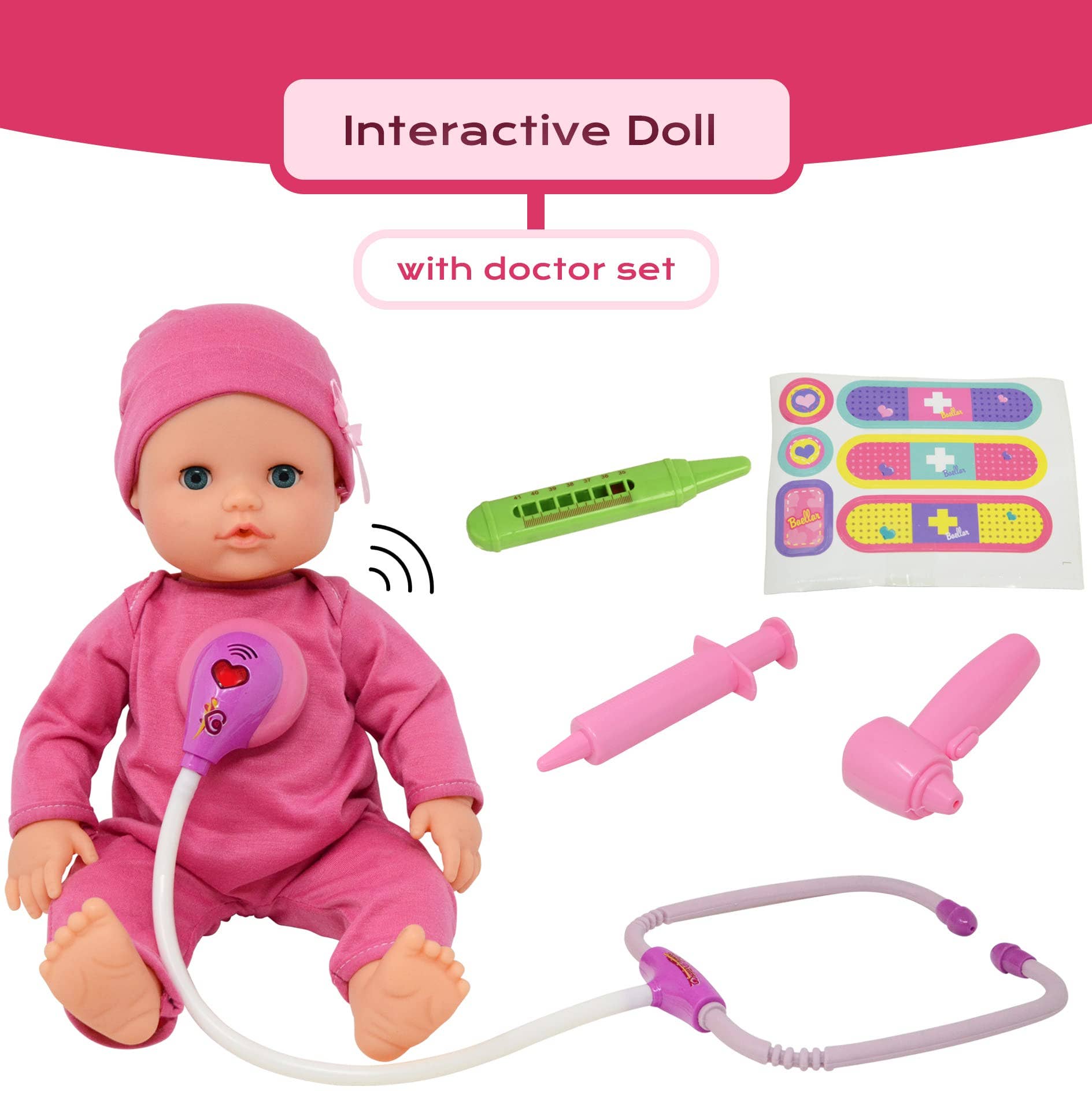 Interactive 16” Baby Doll Toy Doctor Kit Set for Kids – Pink