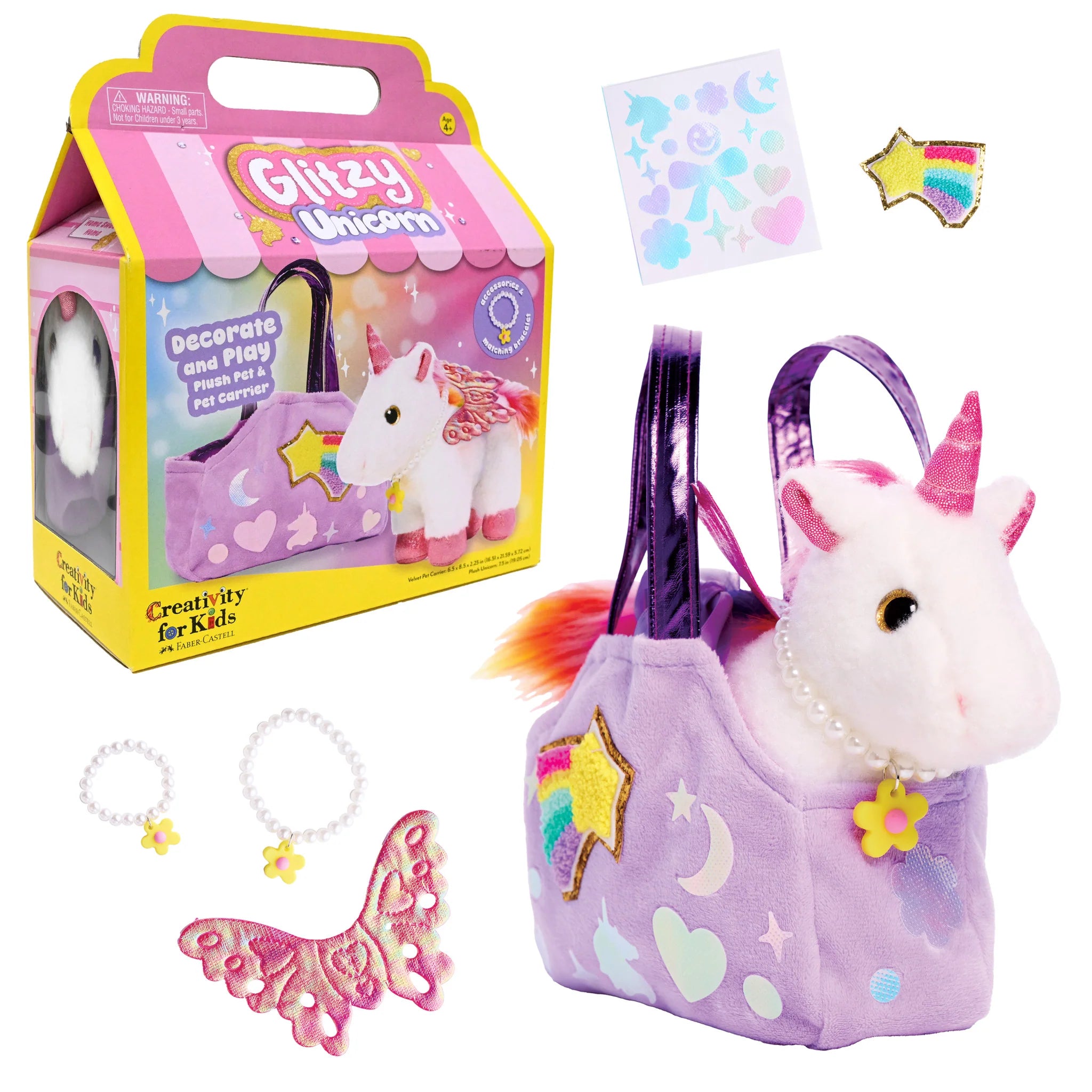 Unicorn-themed toy set with purple bag, unicorn figure, and packaging on a white background