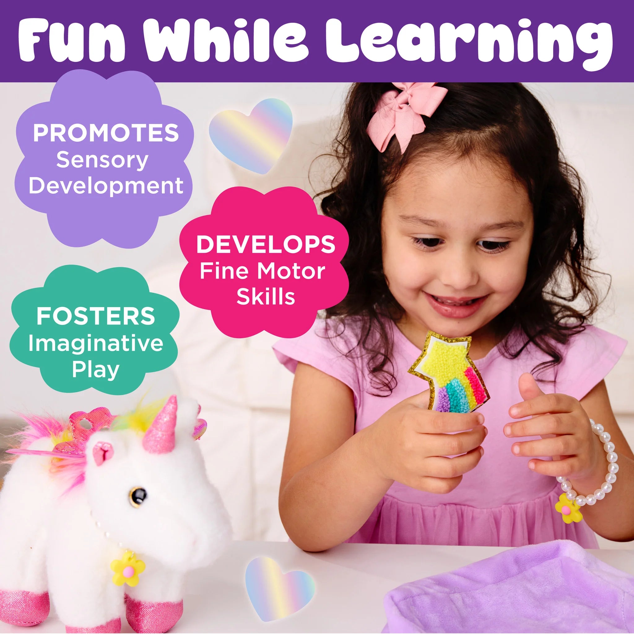 Child playing with a toy, surrounded by text highlighting developmental benefits, with a unicorn plush toy on a white background.