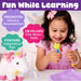 Child playing with a toy, surrounded by text highlighting developmental benefits, with a unicorn plush toy on a white background.