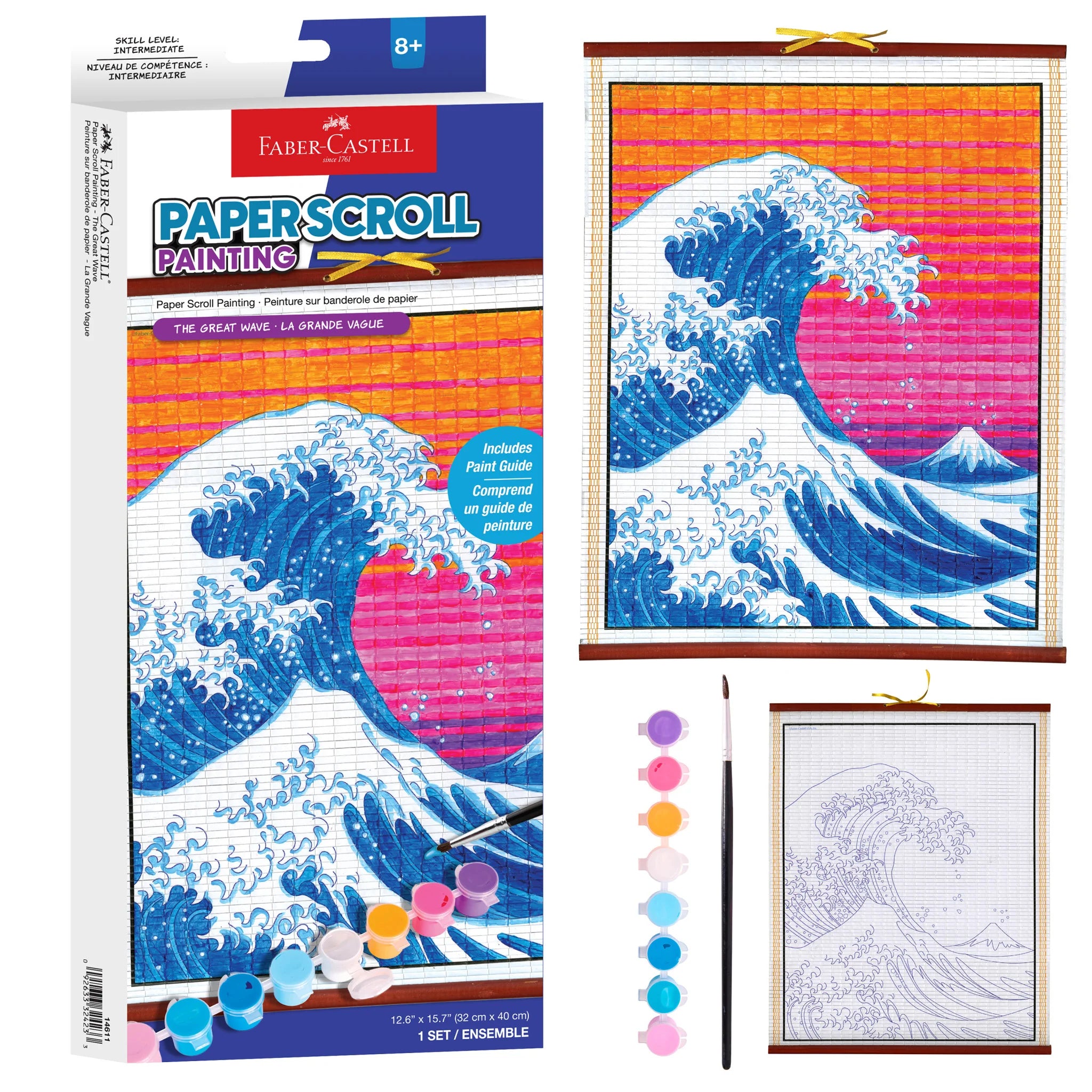 Faber-Castell paper scroll painting set with 'The Great Wave' design and paint supplies.