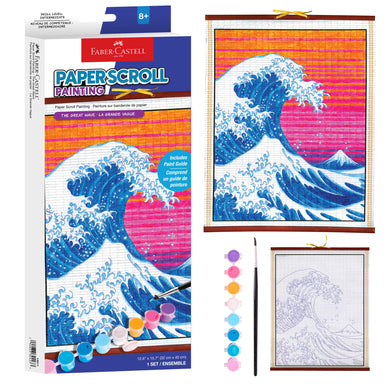 Faber-Castell paper scroll painting set with 'The Great Wave' design and paint supplies.