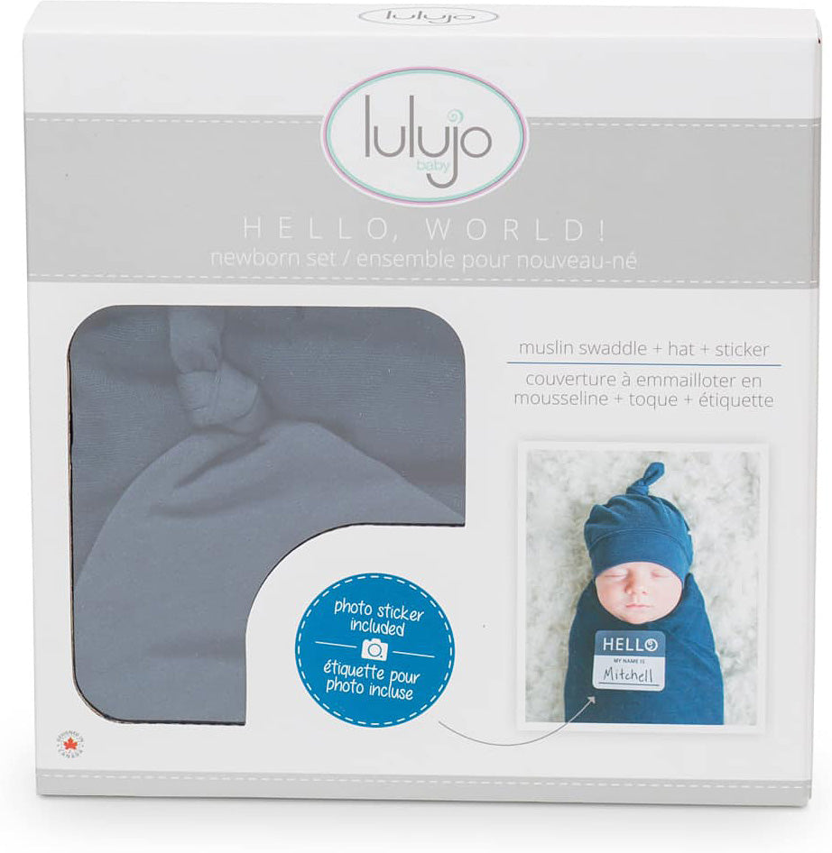 Lulujo Hello World Hat & Swaddle Set - Navy