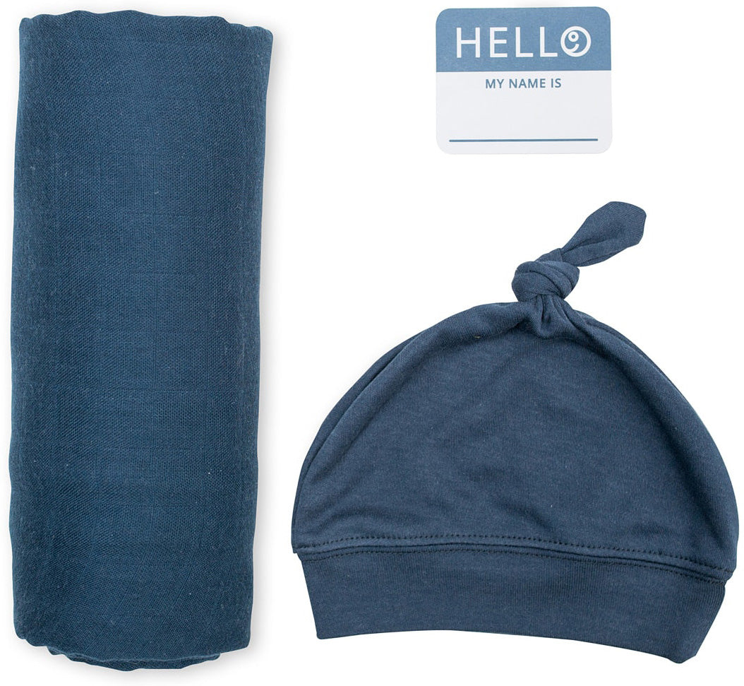 Lulujo Hello World Hat & Swaddle Set - Navy