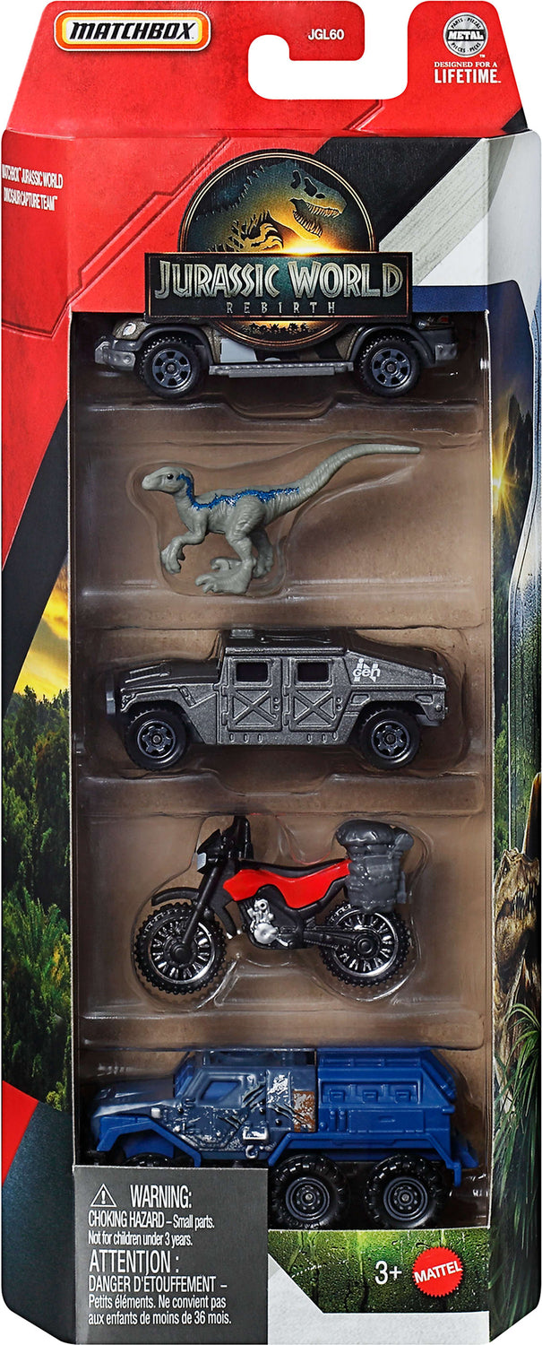 Jurassic World Matchbox 5-Pack, 4 1:64 Scale Die-Cast Toy Cars with 1 Dinosaur (Styles May Vary)