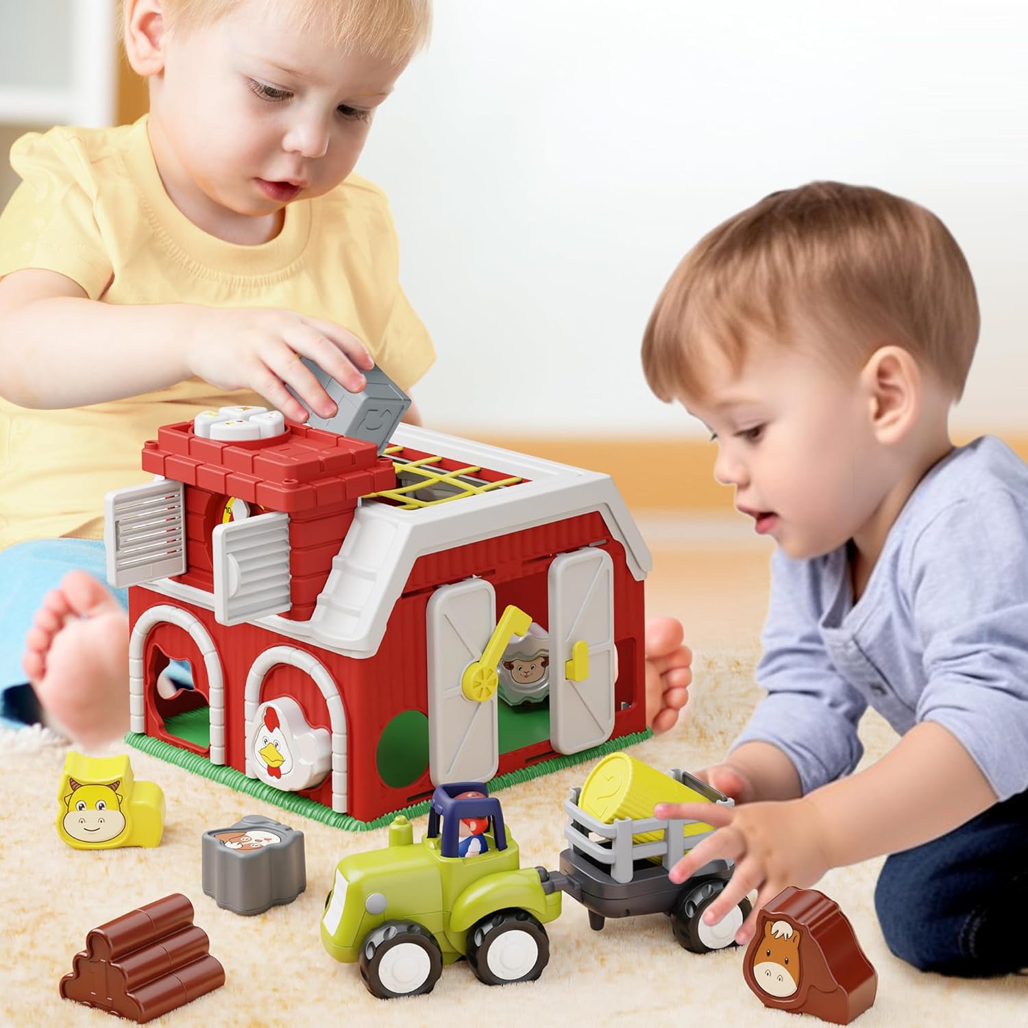 Two children playing with a toy farm set on a wooden floor.
