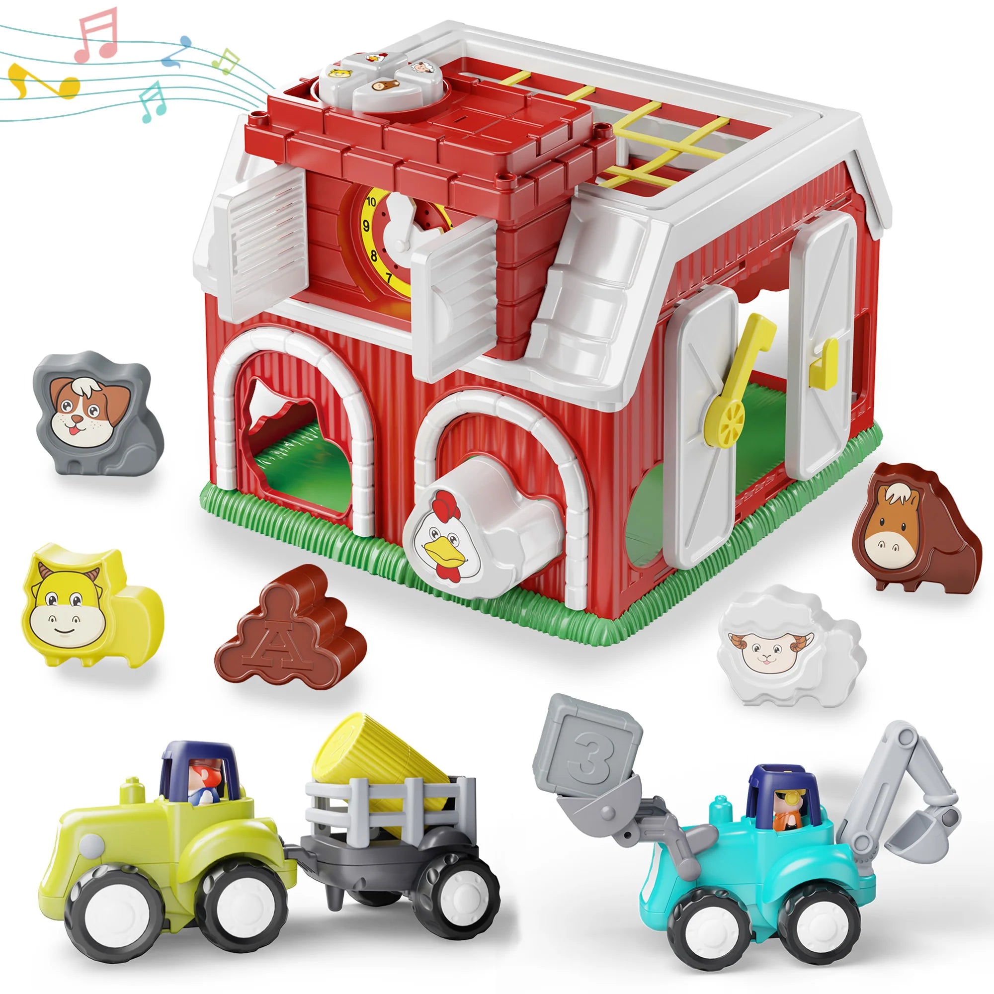Toy farm set with animals and vehicles on a white background