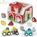 Toy farm set with animals and vehicles on a white background