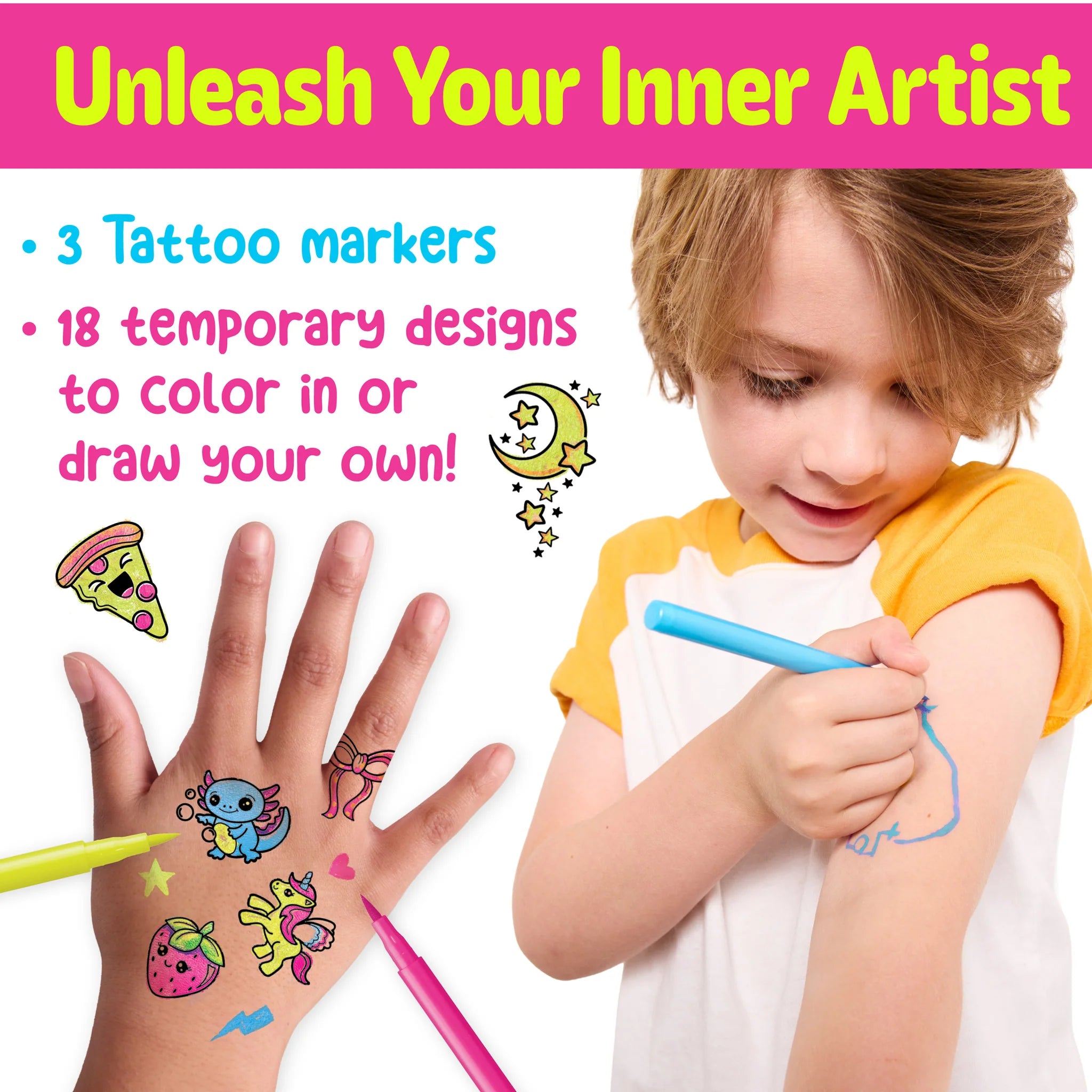 Child coloring temporary tattoos with text 'Unleash Your Inner Artist' and product details.