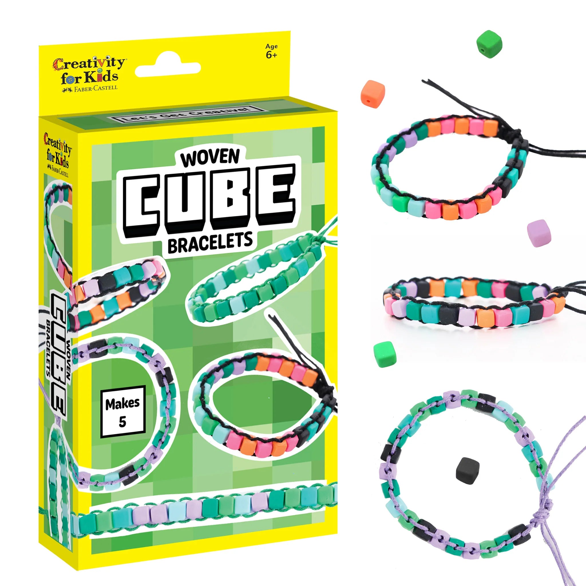 Woven Cube Bracelets kit with packaging and bracelets on a white background