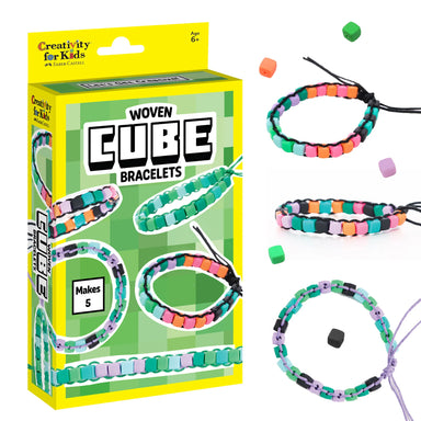 Woven Cube Bracelets kit with packaging and bracelets on a white background